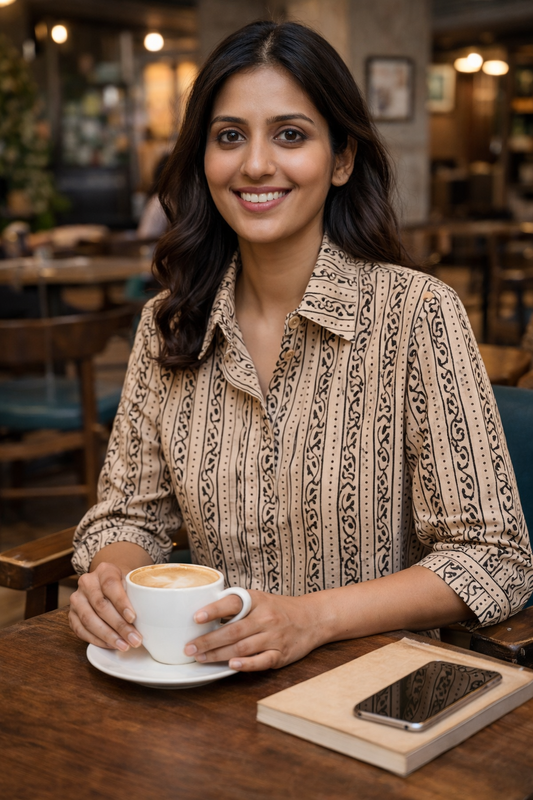 Beige Block Print Cotton Shirt | Elegant Everyday Smart Casual Top