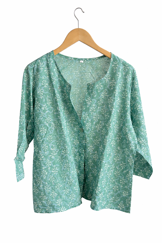 Green Handblock Printed Cotton Top for Women