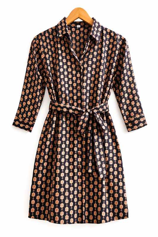 Elegant Black Printed Shirt Dress with Waist Tie | Everyday Chic Cotton Dress