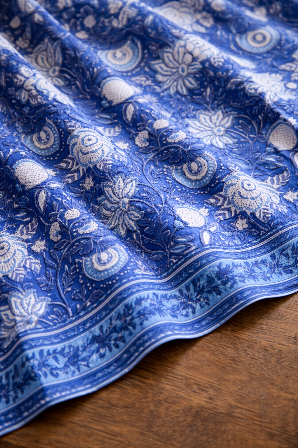 Market Muse – Blue Hand-Printed Cotton Top with White Linen Pants Look