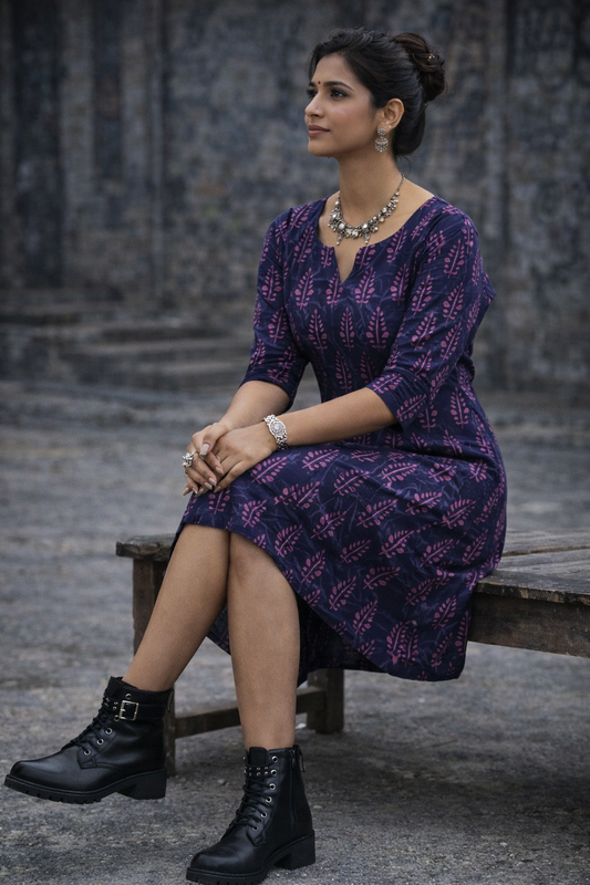 Women’s Printed Kurta Dress | Navy Blue Cotton Kurta Dress for Women | Knee Length, 3/4 Sleeve | Casual, Office & Daily Wear