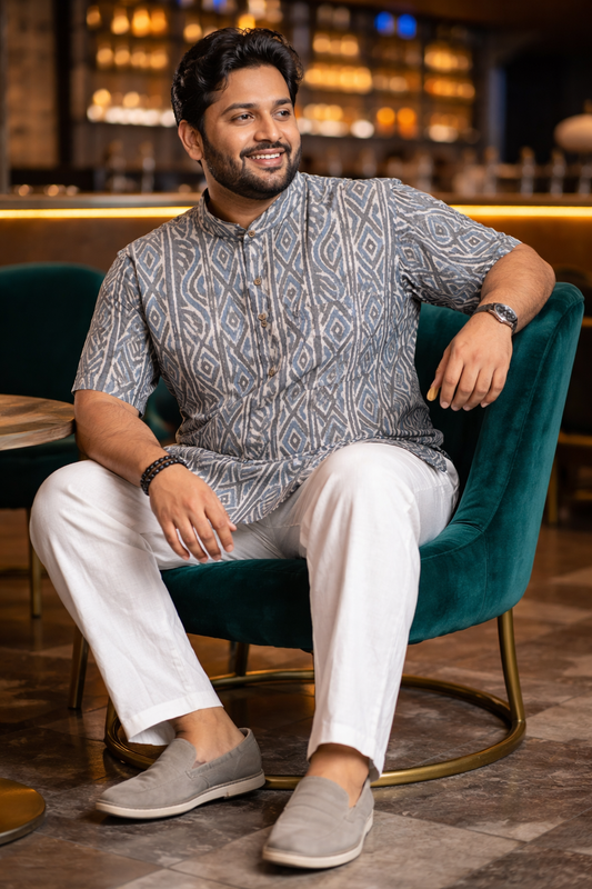 Grey Groove – Ikat Print Cotton Shirt with Mandarin Collar