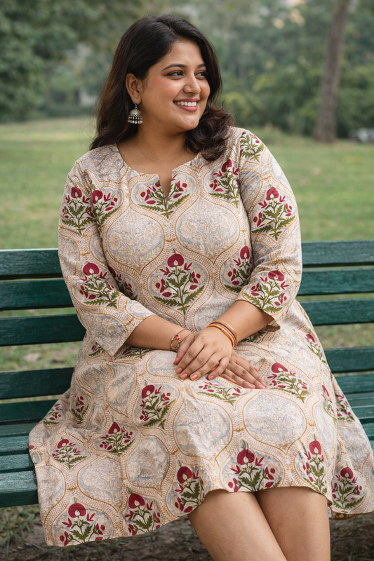 Bloom in Comfort – Hand-Printed Cotton Knee-Length Dress for Everyday Joy