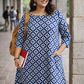 Campus Breeze – Blue Hand-Printed Knee-Length Dress with Pocket