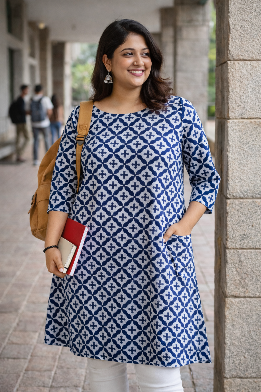 Campus Breeze – Blue Hand-Printed Knee-Length Dress with Pocket