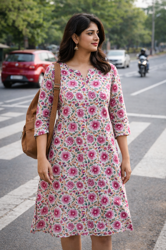 Street Bloom – Floral Cotton Knee-Length Dress for Everyday Adventures