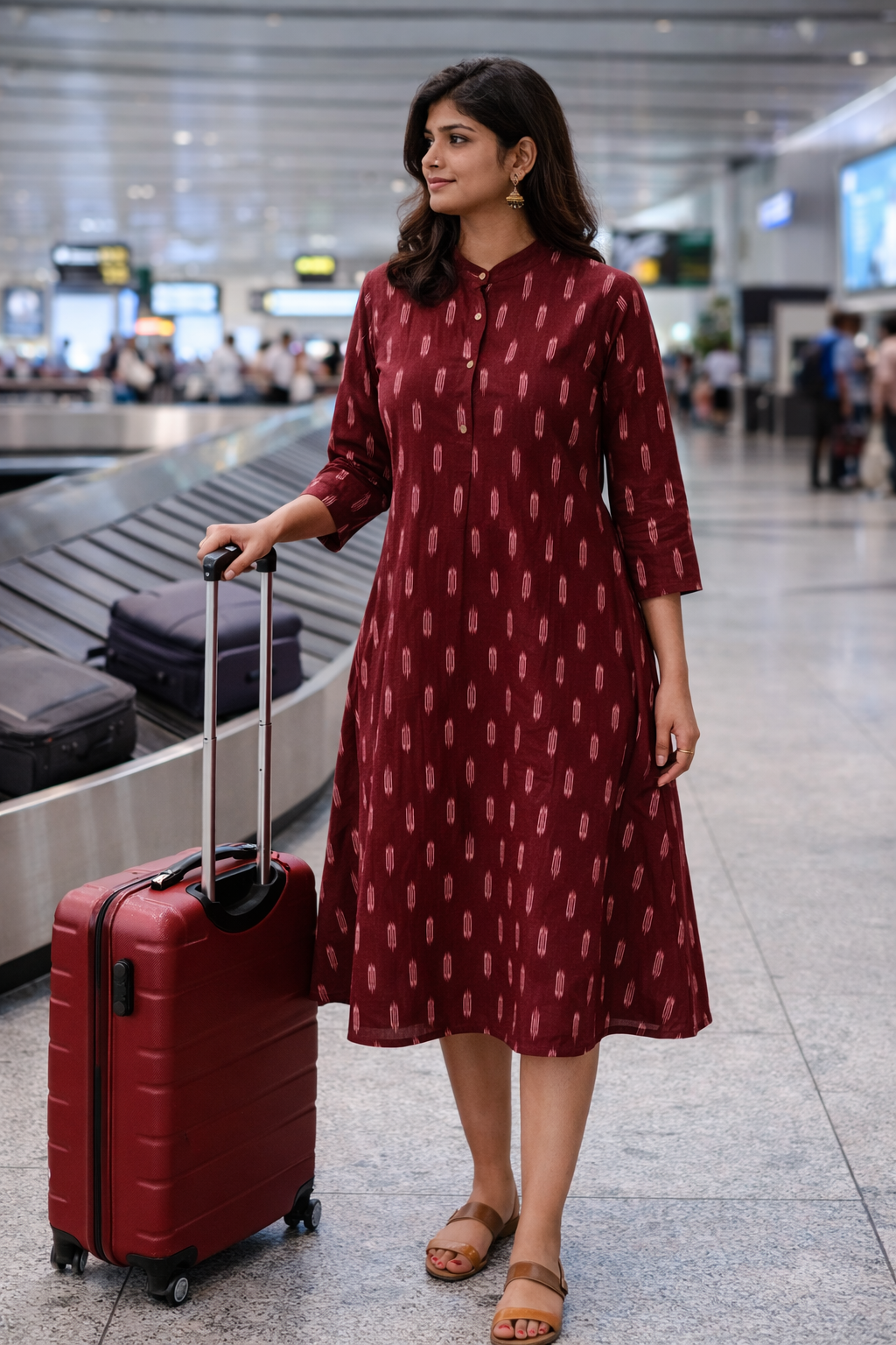 Travel in Style – Burgundy Ikat Cotton Dress for Effortless Journeys