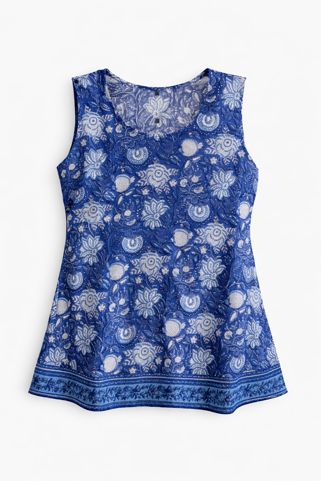 Market Muse – Blue Hand-Printed Cotton Top with White Linen Pants Look