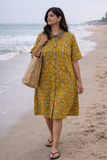 Beach Breeze – Mustard Hand-Printed Cotton Dress for Sunny Getaways