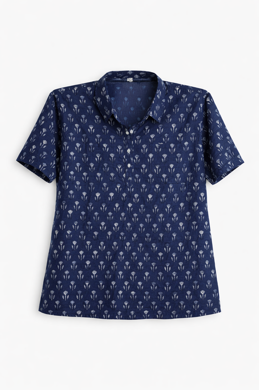 Platform Ready – Navy Hand-Printed Short Kurta for Everyday Journeys