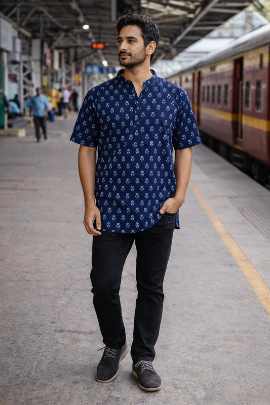 Platform Ready – Navy Hand-Printed Short Kurta for Everyday Journeys