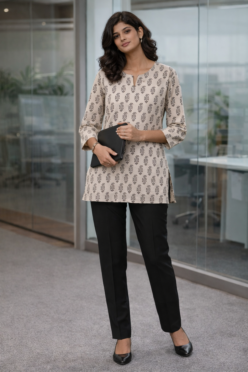 SAVAR Ivory Leaf Cotton Workwear Kurta | Handblock Print | Smart Office Wear