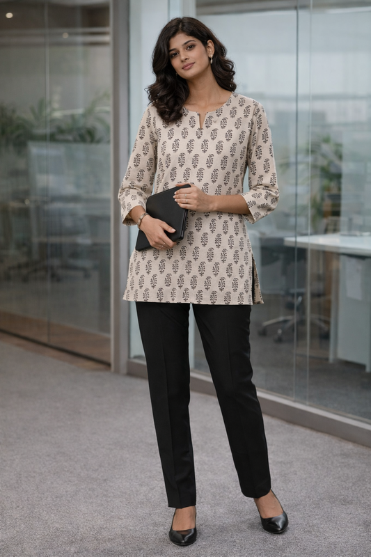 SAVAR Ivory Leaf Cotton Workwear Kurta | Handblock Print | Smart Office Wear