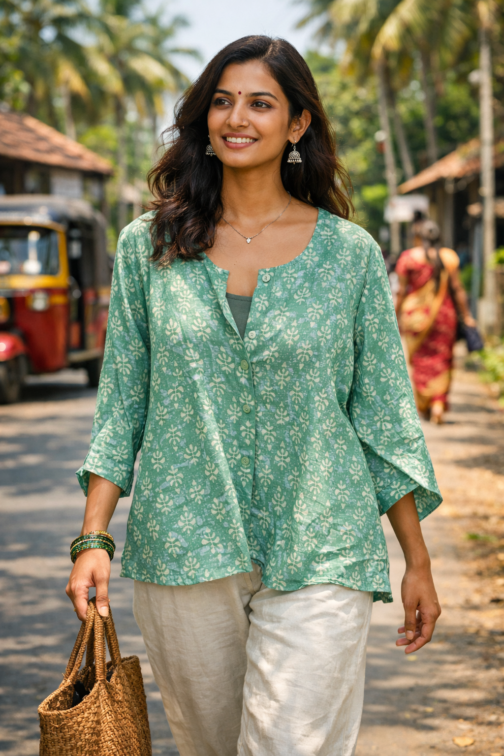 Green Handblock Printed Cotton Top for Women