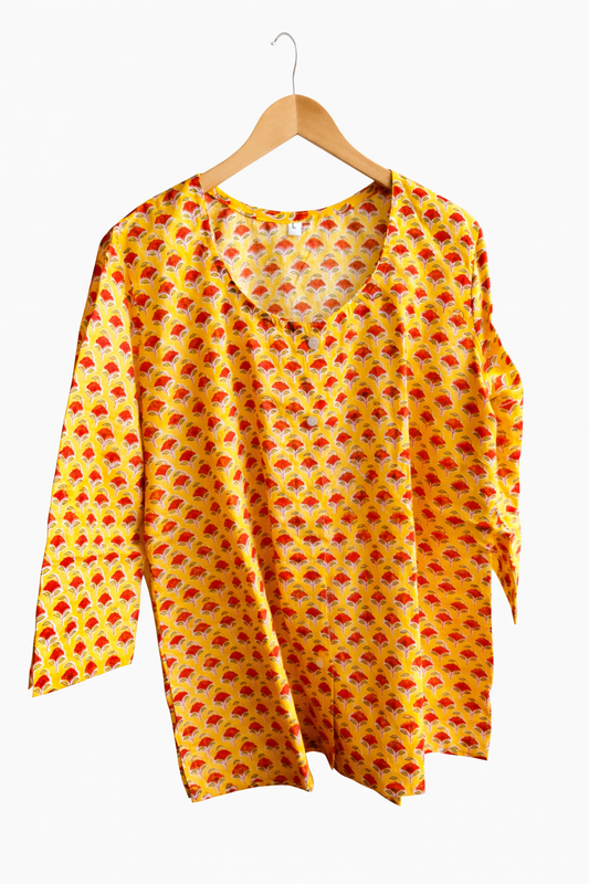 Yellow Handblock Printed Cotton Top – Kalamkari Inspired