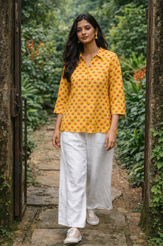 Yellow Handblock Printed Cotton Top – Kalamkari Inspired