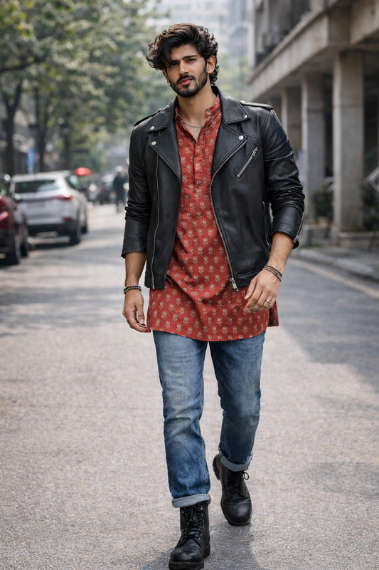 Red Hot Roots – Hand-Printed Cotton Kurta with Classic Indian Charm