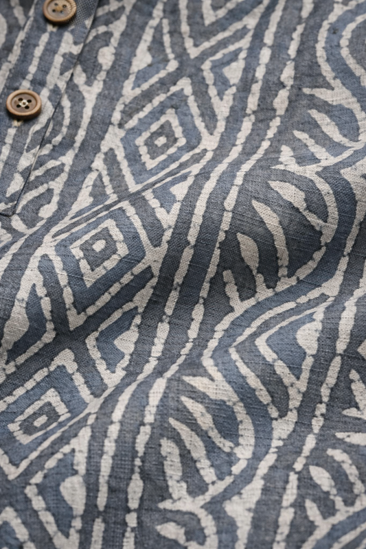 Grey Groove – Ikat Print Cotton Shirt with Mandarin Collar