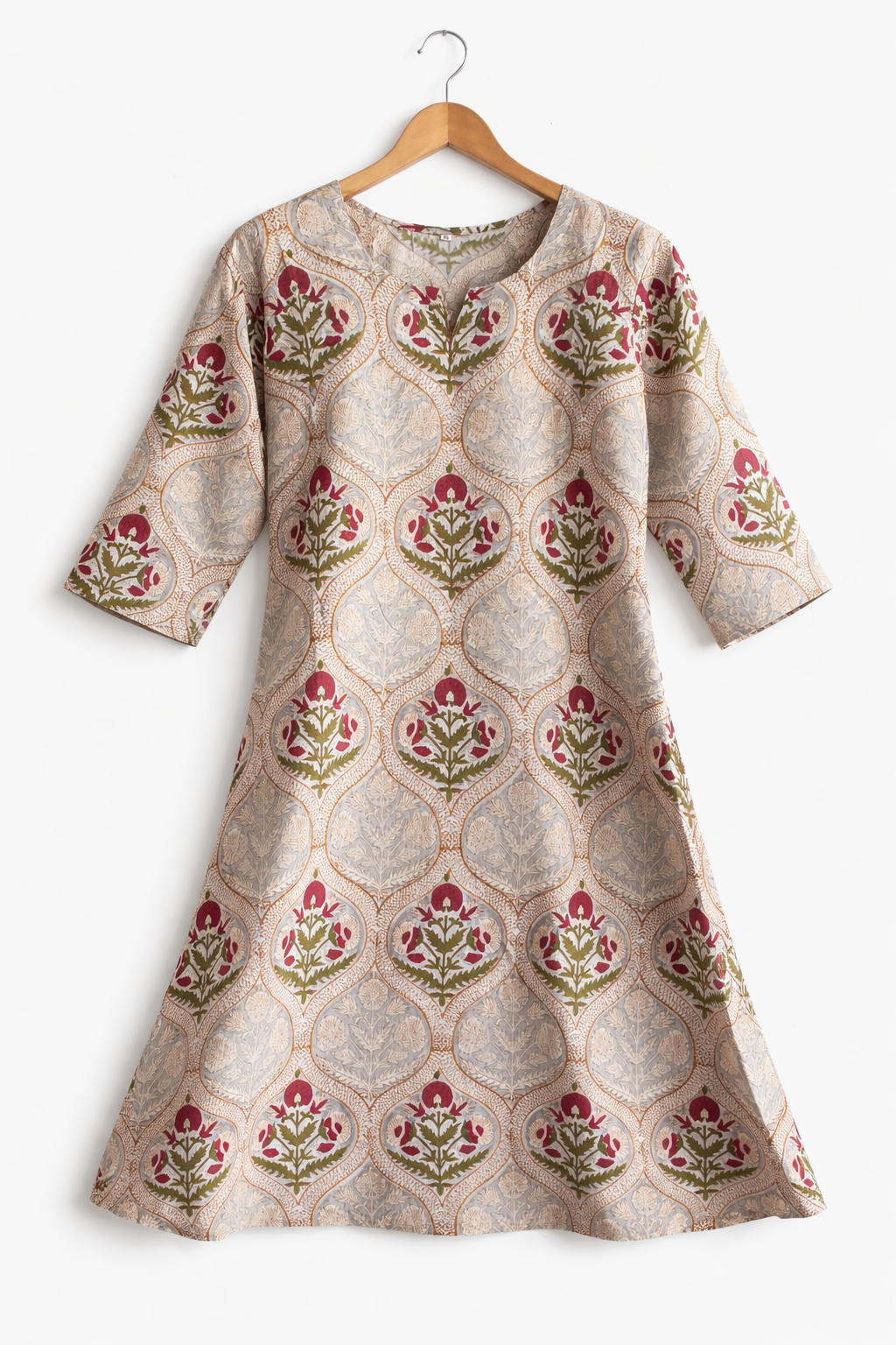 Bloom in Comfort – Hand-Printed Cotton Knee-Length Dress for Everyday Joy
