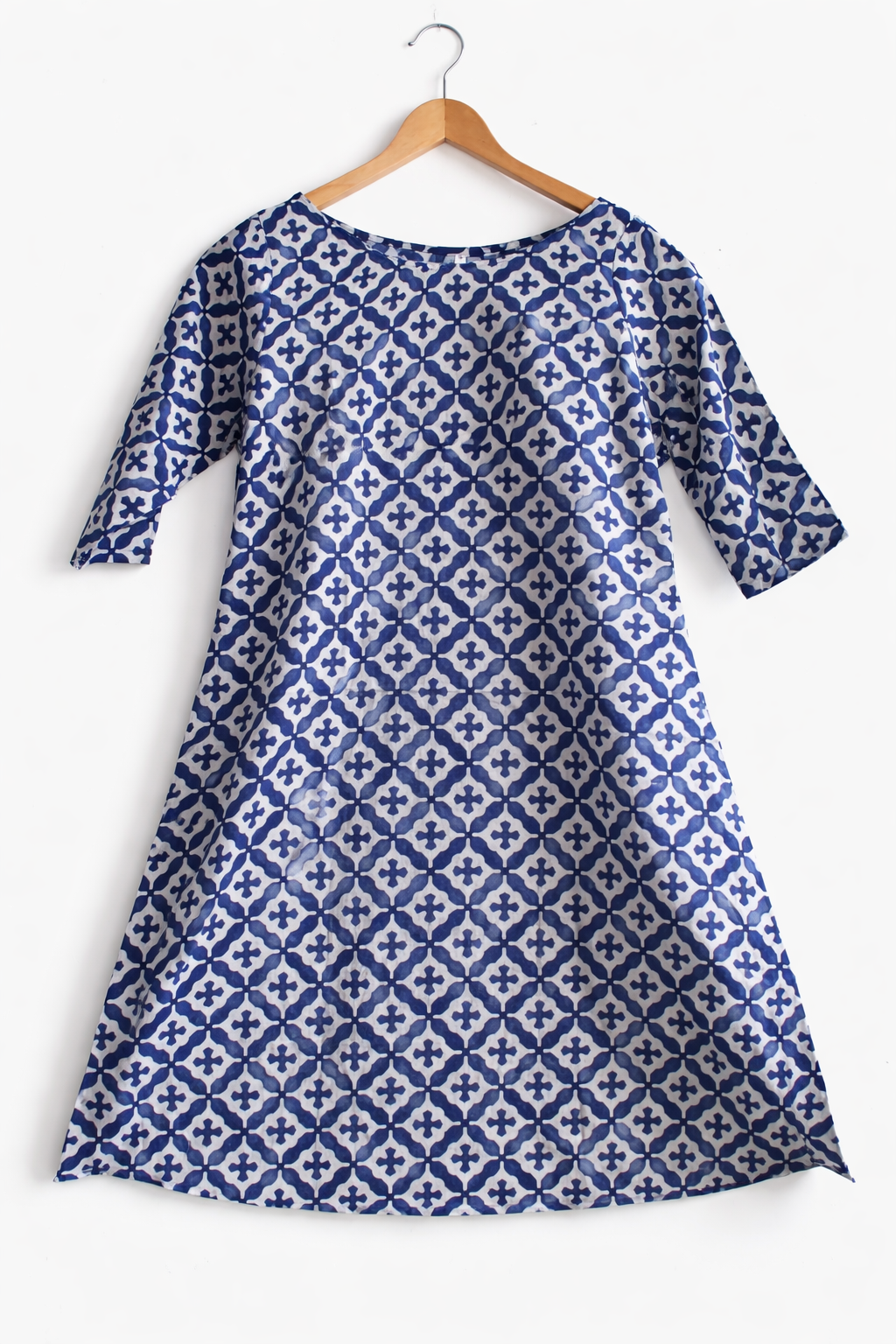 Campus Breeze – Blue Hand-Printed Knee-Length Dress with Pocket