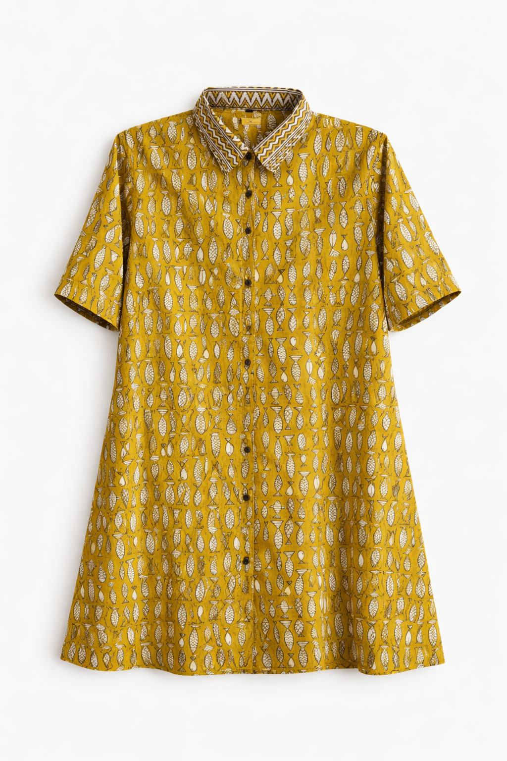 Beach Breeze – Mustard Hand-Printed Cotton Dress for Sunny Getaways