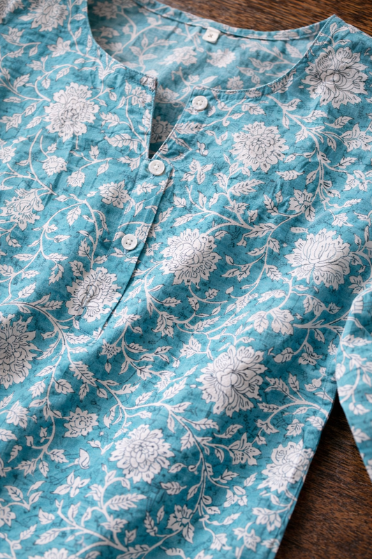 SAVAR Aqua Bloom Cotton Workwear Top | Handblock Print Formal Top for Women