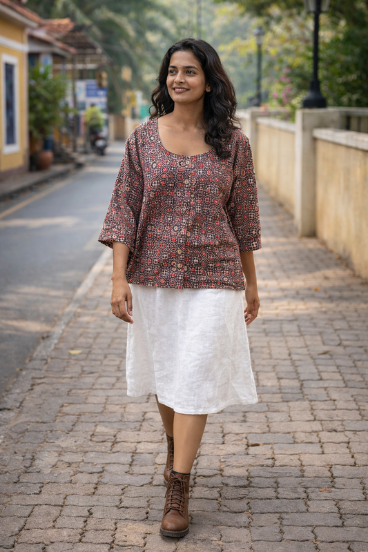 Brown Handblock Printed Cotton Top for Women